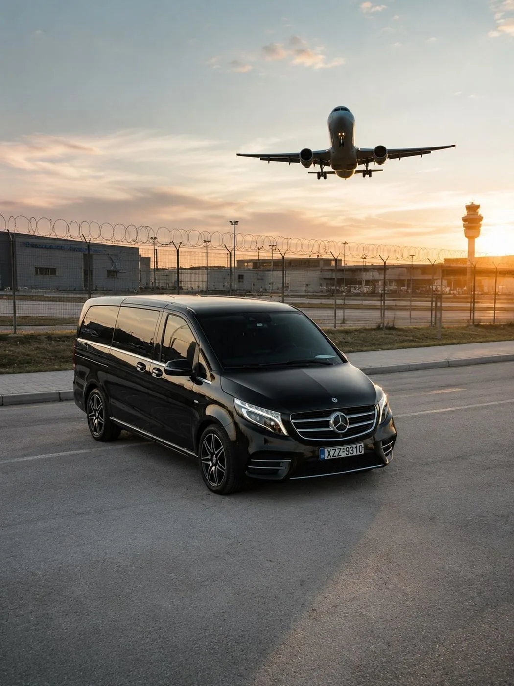 Mercedes V-Class στο αεροδρόμιο Θεσσαλονίκης με αεροπλάνο να προσγειώνεται